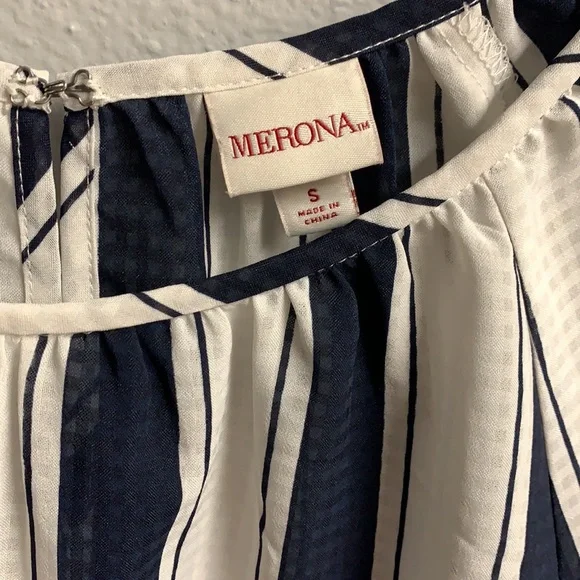 Navy Blue Striped Blouse Sz S - Picture 2 of 7